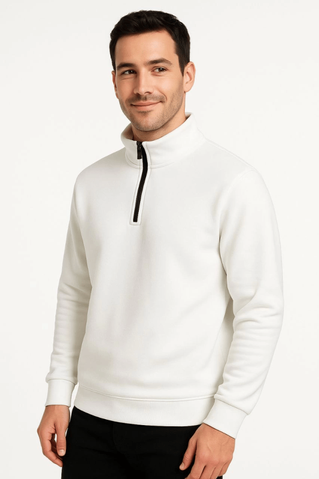 Erkek Dik Yaka Sweatshirt Dik Yaka Yarım Fermuarlı 3 İplik Şardonlu Pamuk Kumaş - Beyaz