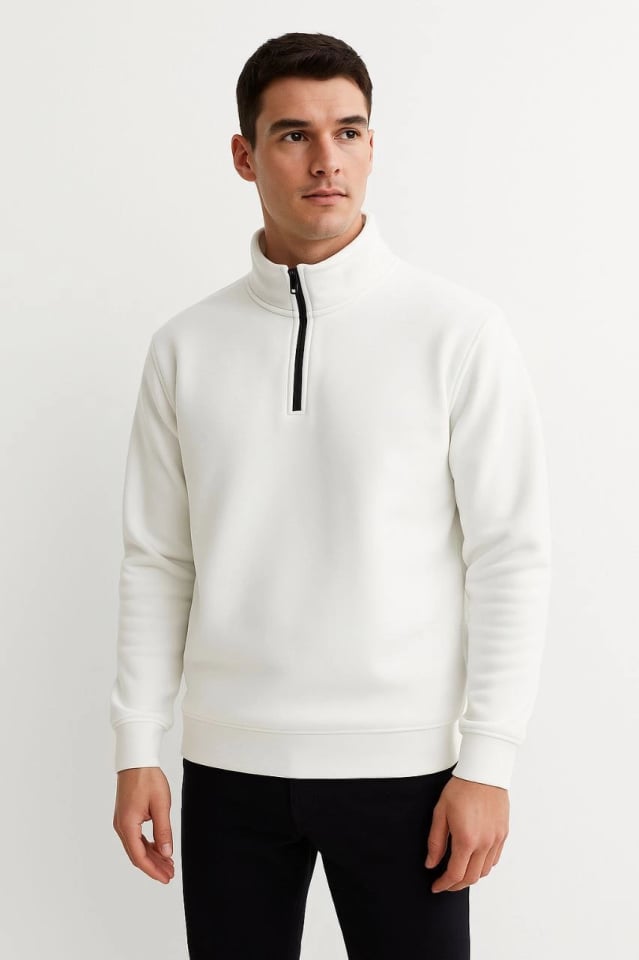 Erkek Dik Yaka Sweatshirt Dik Yaka Yarım Fermuarlı 3 İplik Şardonlu Pamuk Kumaş - Beyaz