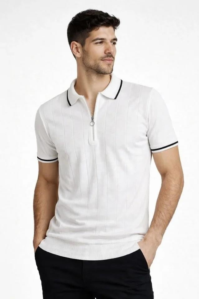 Erkek Fermuarlı Yaka Fitilli Triko Kısa Kollu Regular Fit Tişört T-shirt - Beyaz