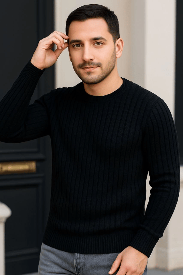 Erkek Fitilli Triko Kazak 2’li Set – Siyah - Gri, Kalın Dokuma Pamuklu Regular Fit Bisiklet Yaka Uzun Kollu Rahat Kışlık Kazak Kombini