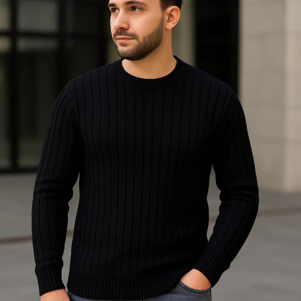 Erkek Fitilli Triko Kazak 2’li Set – Siyah - Beyaz, Kalın Dokuma Pamuklu Regular Fit Bisiklet Yaka Uzun Kollu Rahat Kışlık Kazak Kombini