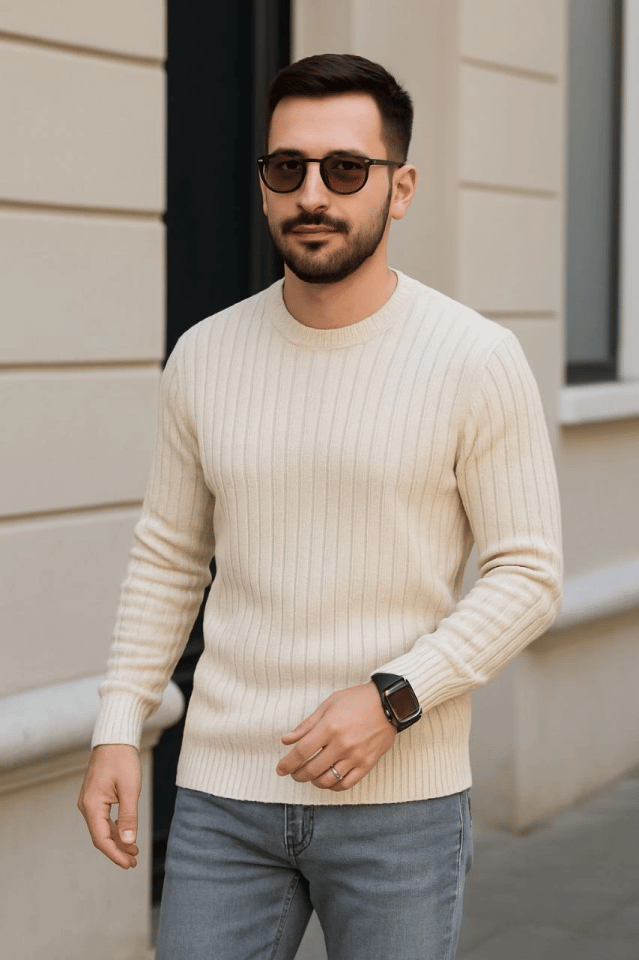 Erkek Fitilli Triko Kazak 3’lü Set – Bej, Bebek Mavisi, SiyahKalın Dokuma Pamuklu Regular Fit Bisiklet Yaka Uzun Kollu Kışlık Ve Baharlık Rahat Triko Kombini
