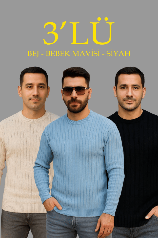 Erkek Fitilli Triko Kazak 3’lü Set – Bej, Bebek Mavisi, Siyah  Kalın Dokuma Pamuklu Regular Fit Bisiklet Yaka Uzun Kollu Kışlık Ve Baharlık Rahat Triko Kombini