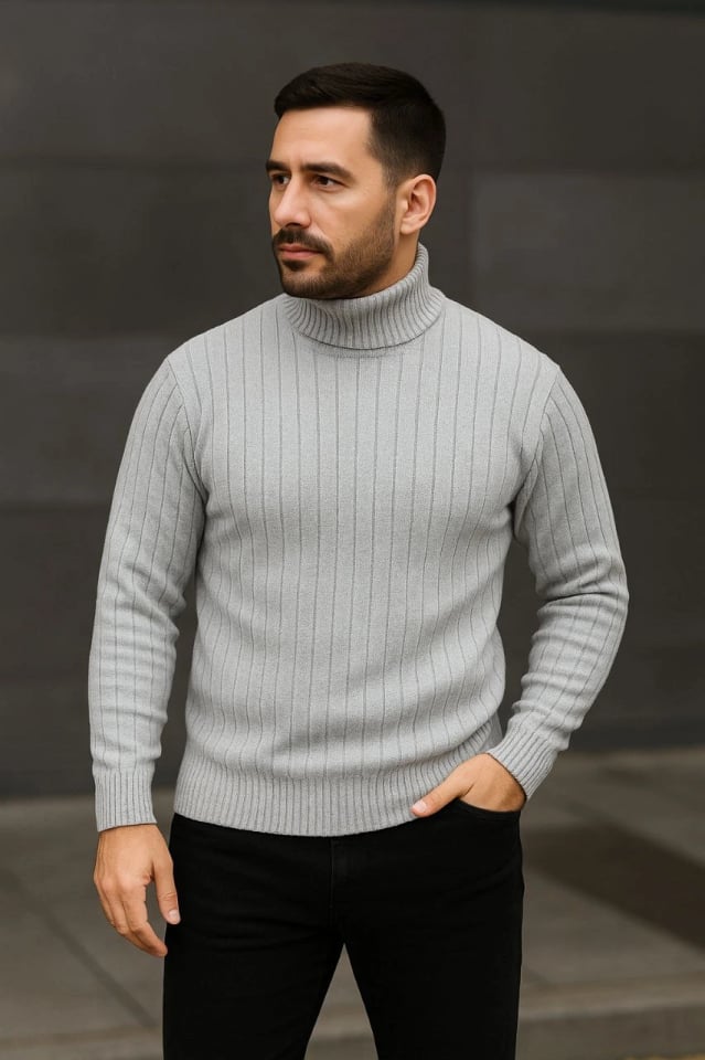 Erkek Fitilli Triko Kazak 3lÜ Set Gri Haki Siyah Regular Balıkcı Yaka Tam Boğazlı Triko Seti Modeli Kazak