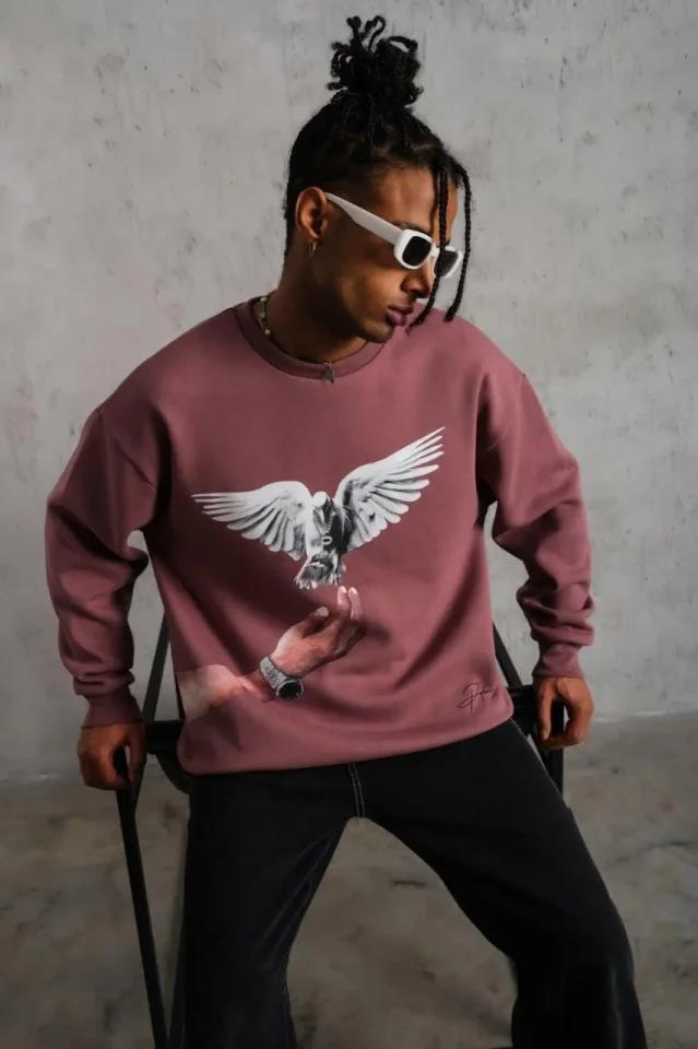 Erkek Güvercin Baskılı Sweatshirt - Gül Kurusu
