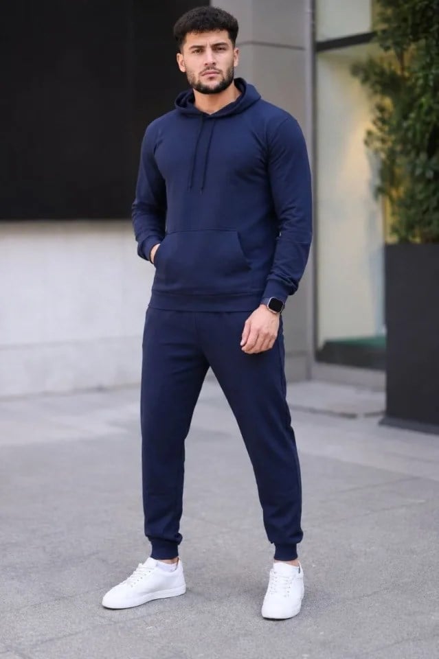 Erkek İki İplik Kapüşonlu Kanguru Cepli Sweatshirt Jogger Pantolon Alt Üst Eşofman Takımı - Lacivert