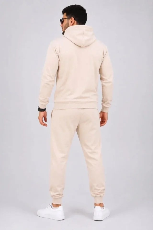 Erkek İki İplik Kapüşonlu Kanguru Cepli Sweatshirt Jogger Pantolon Alt Üst Eşofman Takımı -Bej