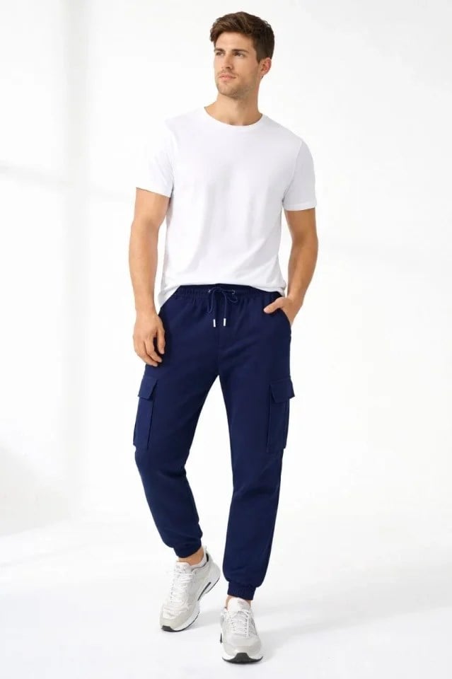 Erkek Jogger Eşofman Altı Regular Fit , Kargo Cepli, Lastikli Paça, Günlük Spor Pantolon - Lacivert