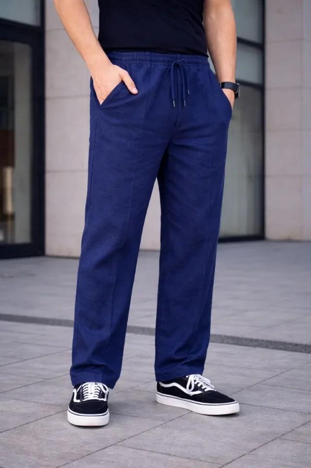 Erkek Keten Cepli Çıma Dikişli Jogger Buggy Pantalon Rahat Kalıp - Lacivert