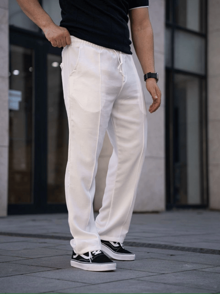 Erkek Keten Cepli Çıma Dikişli Jogger Buggy Pantalon Rahat Kalıp - Beyaz