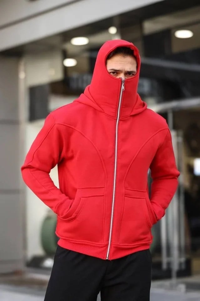Erkek Maskeli Ninja Model Çift Kapüşonlu 3 İplik Şardonlu Fermuarlı Sweatshirt - Kırmızı