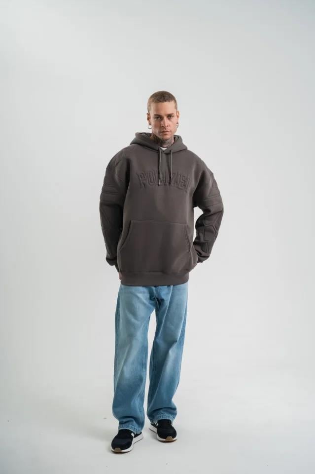 Erkek Nakış İşlemeli Kapşonlu Antrasit Sweatshirt Üç İplik Double Oversize- Füme