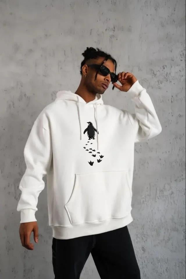 Erkek Nihilist Penguen Temalı Oversize Kapüşonlu Sweatshirt - Beyaz