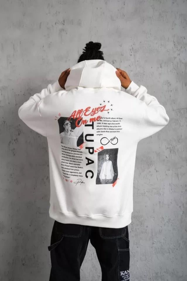 Erkek Ön Arka Baskılı Kapşonlu Sweat - Beyaz