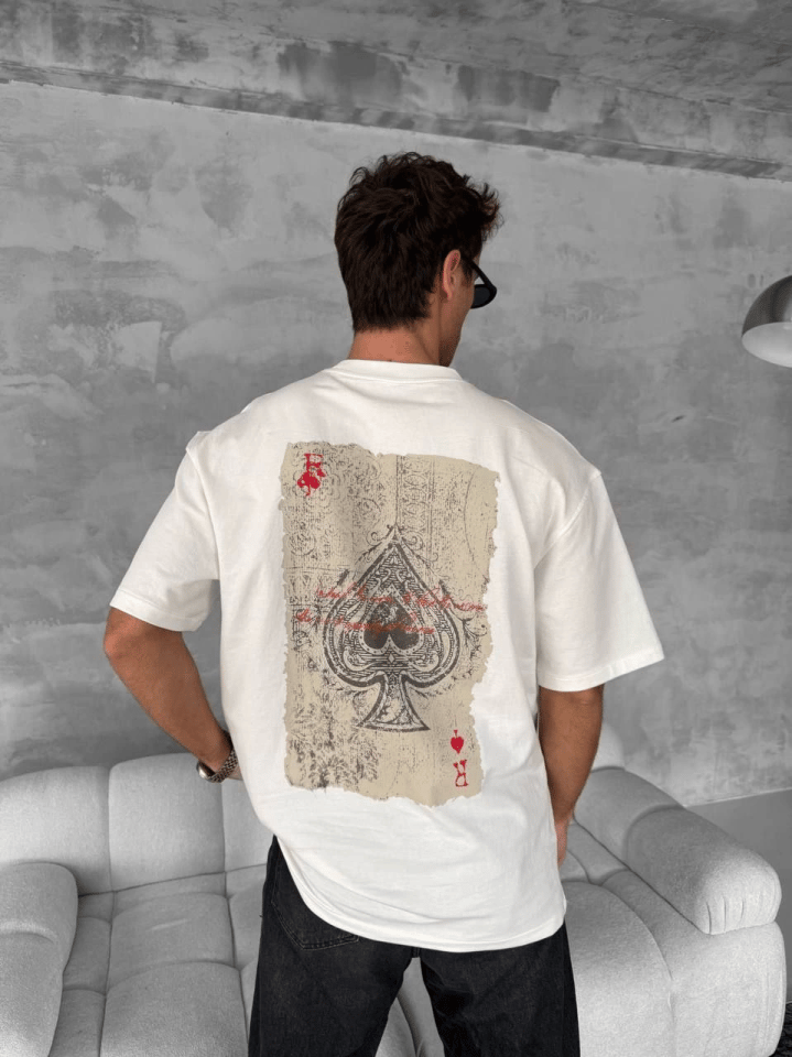 Erkek Ön Ve Arka Baskılı Oversize Bisiklet Yaka T-shirt - Beyaz