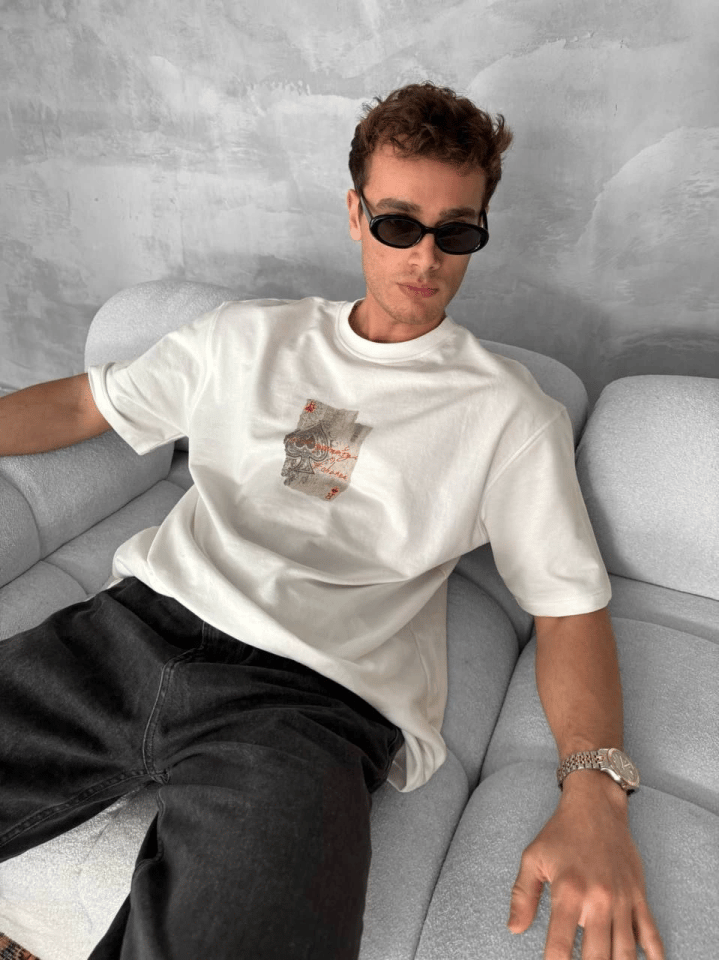 Erkek Ön Ve Arka Baskılı Oversize Bisiklet Yaka T-shirt - Beyaz