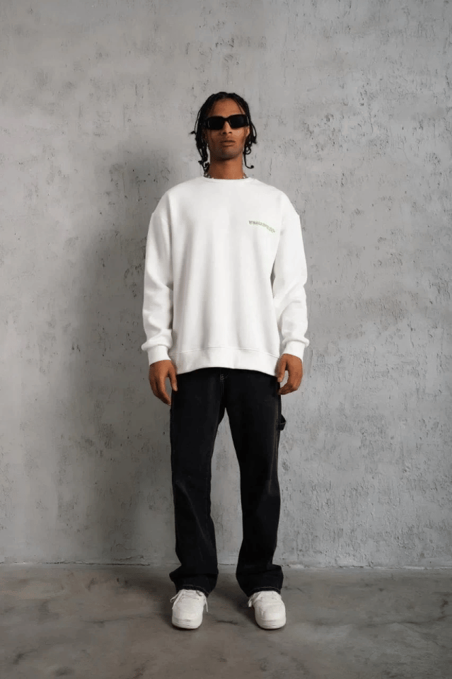 Erkek Oversize Sweatshirt – Beyaz Renk  Ön Ve Sırt Baskılı, Üç İplik İçi Pamuklu Kumaş, Rahat Kalıp, Ribanalı Kışlık Sweat  Winagain Polizei Serisi - Beyaz