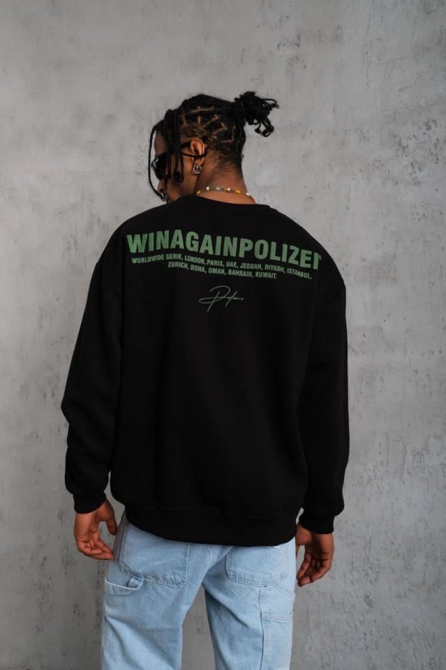 Erkek Oversize Sweatshirt – Siyah Renk  Ön Ve Sırt Baskılı, Üç İplik İçi Pamuklu Kumaş, Rahat Kalıp, Ribanalı Kışlık Sweat  Winagain Polizei Serisi - Siyah