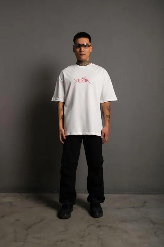 Erkek Oversize Tişört – Beyaz 24/1 Penye Kumaş, Bisiklet Yaka, Ön - Arka Baskılı, Streetwear Tarzı Rahat Büyük Kalıp T-Shirt- Beyaz