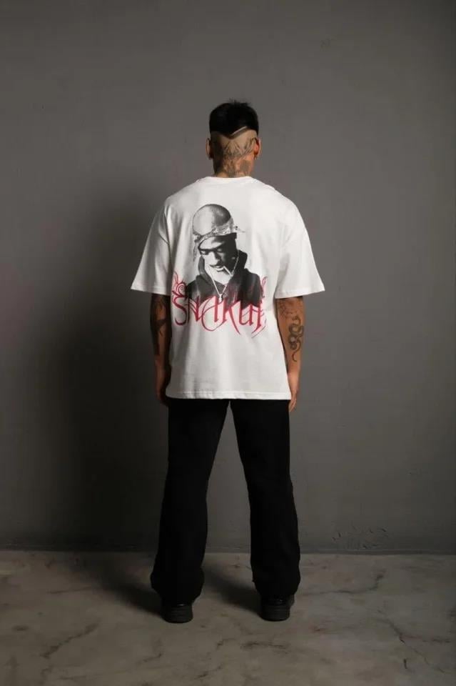Erkek Oversize Tişört – Beyaz 24/1 Penye Kumaş, Bisiklet Yaka, Ön - Arka Baskılı, Streetwear Tarzı Rahat Büyük Kalıp T-Shirt- Beyaz