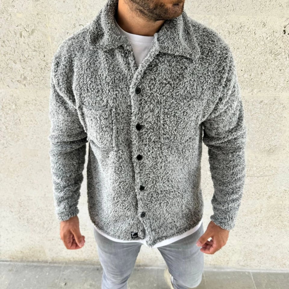 Erkek Pelüş Polar Hırka Gömlek – Yakalı, İlik Düğmeli, Göğüs Cepli, Yumuşak Dokulu Kışlık Regular Fit Rahat Günlük Model - Gri