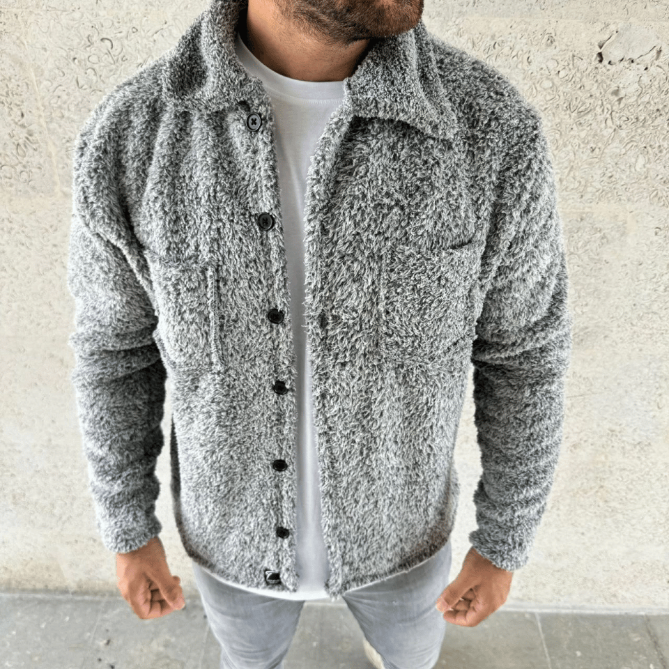 Erkek Pelüş Polar Hırka Gömlek – Yakalı, İlik Düğmeli, Göğüs Cepli, Yumuşak Dokulu Kışlık Regular Fit Rahat Günlük Model - Gri