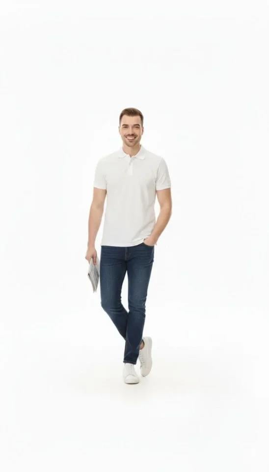 Erkek Pike Kumaş Düğmeli Yaka Regular Fit Günlük Kısa Kol Tişört T-shirt - Beyaz
