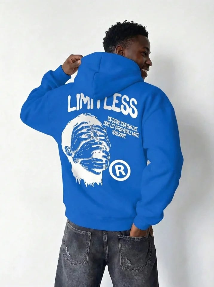 Erkek Premium Baskılı Kapşonlu Sweatshirt Üç İplik İçi Pamuklu Kanguru Cepli - Saks Mavisi