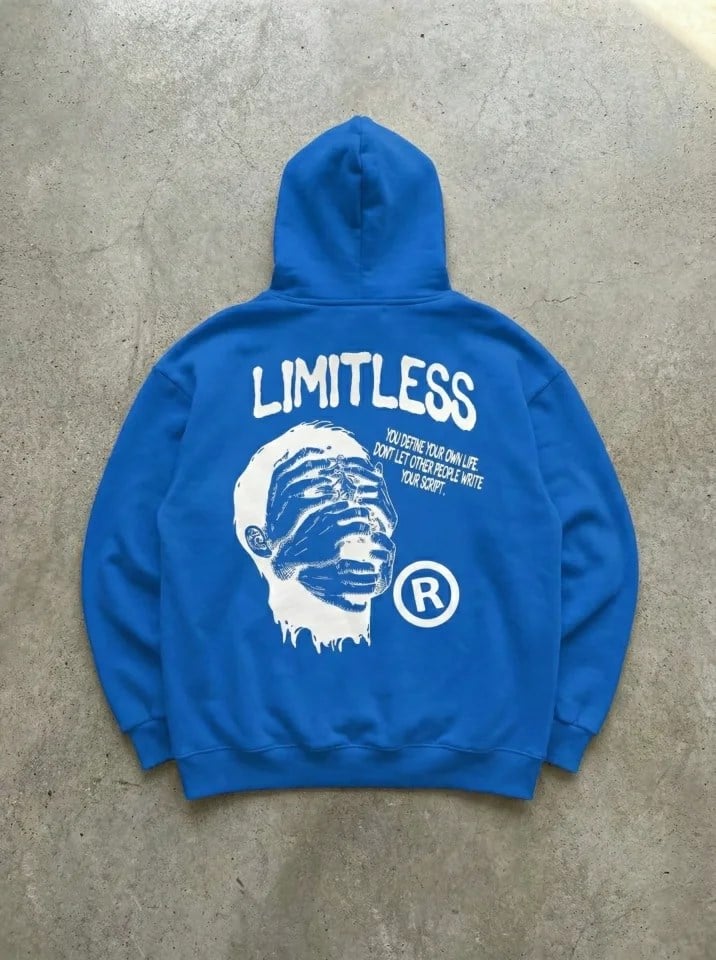 Erkek Premium Baskılı Kapşonlu Sweatshirt Üç İplik İçi Pamuklu Kanguru Cepli - Saks Mavisi