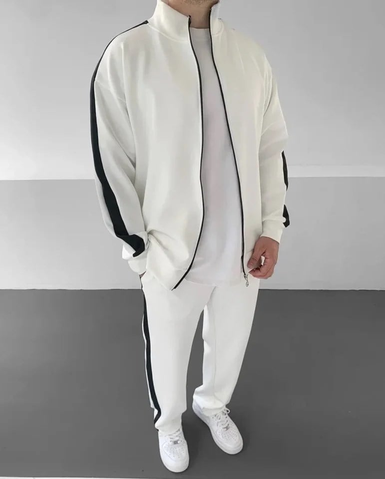 Erkek Scuba Kumaş Oversize Şerit Detaylı Fermuarlı Alt Üst Eşofman Takımı - Beyaz