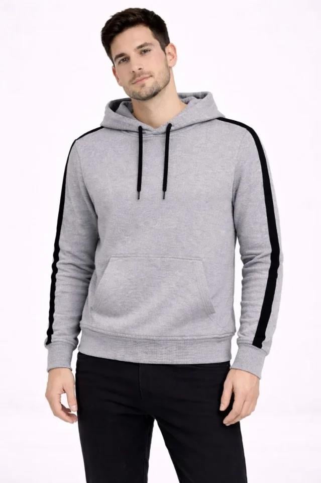 Erkek Şeritli Kapüşonlu Sweatshirt Oversize 3 Iplik Pamuklu - Gri