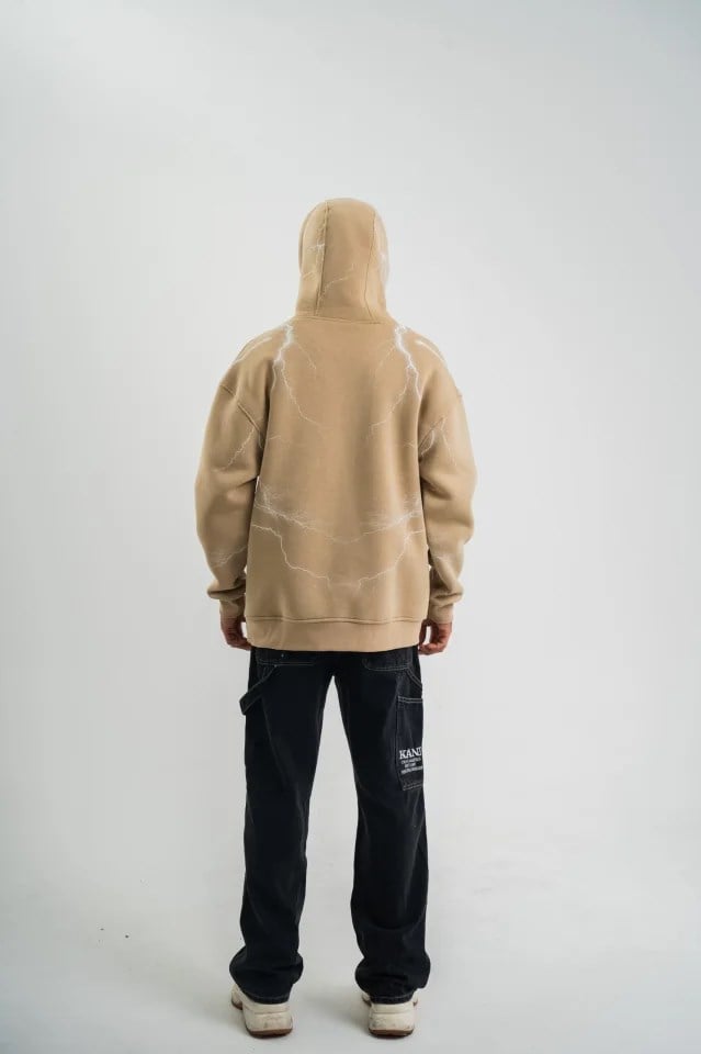 Erkek Şimşek Baskılı Kapşonlu Sweatshirt Üç İplik Pamuklu Kanguru Cepli Double Oversize Hoodie - Bej