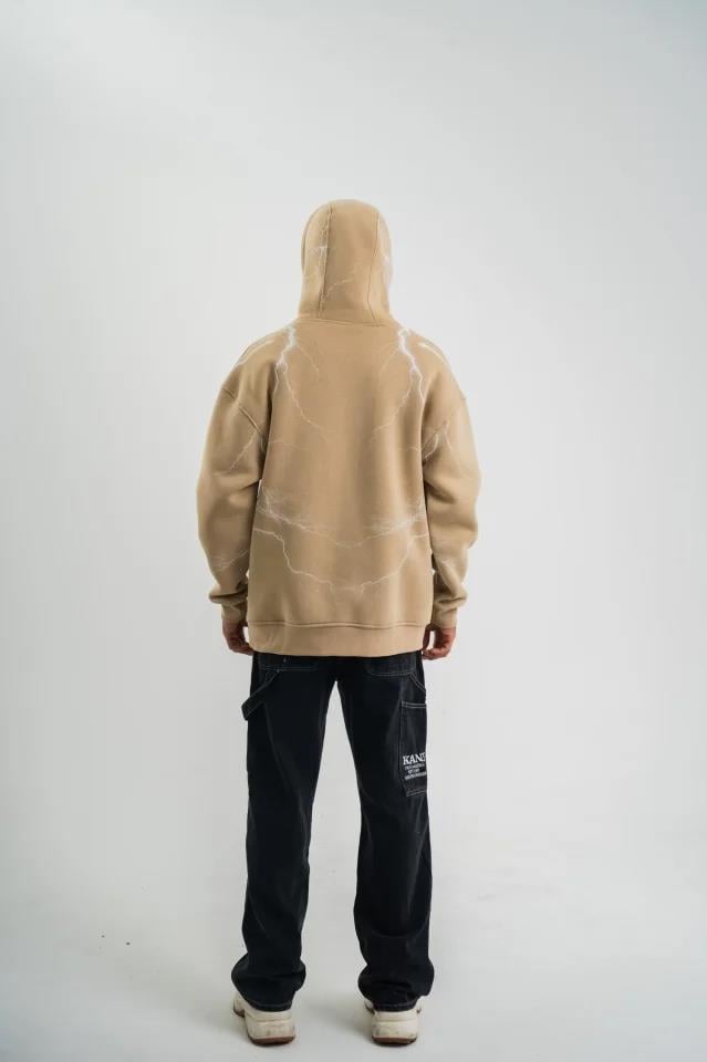 Erkek Şimşek Baskılı Kapşonlu Sweatshirt Üç İplik Pamuklu Kanguru Cepli Double Oversize Hoodie - Bej