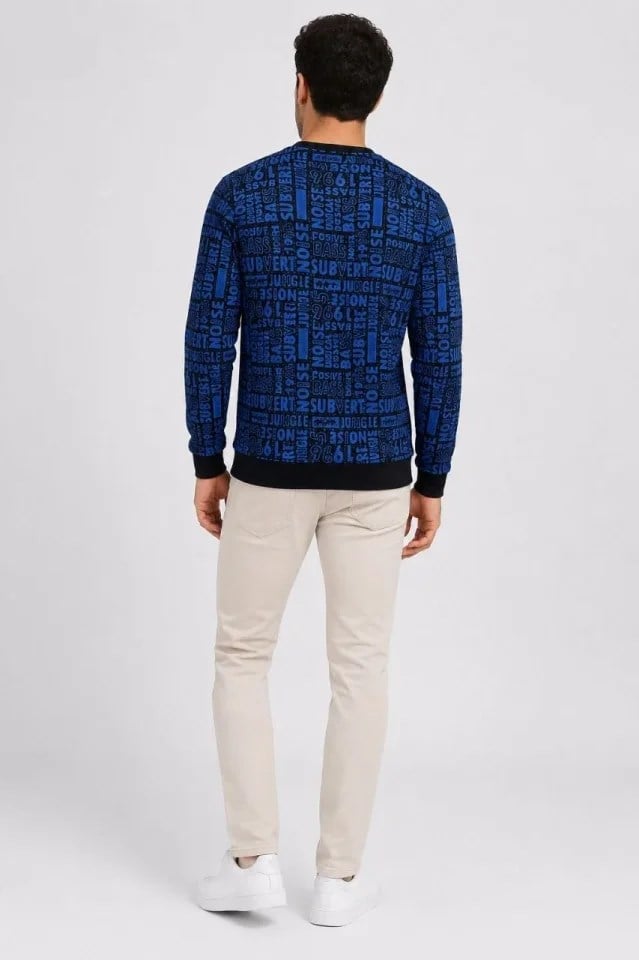 Erkek Siyah Mavi Yazı Desenli İki İplik Şardonlu Sweatshirt