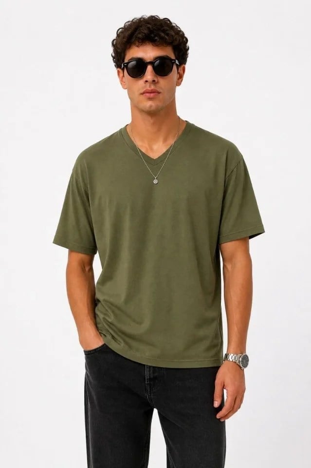 Erkek V Yaka Basic Tişört Kısa Kol Yazlık Regular Fit T-Shirt - Haki