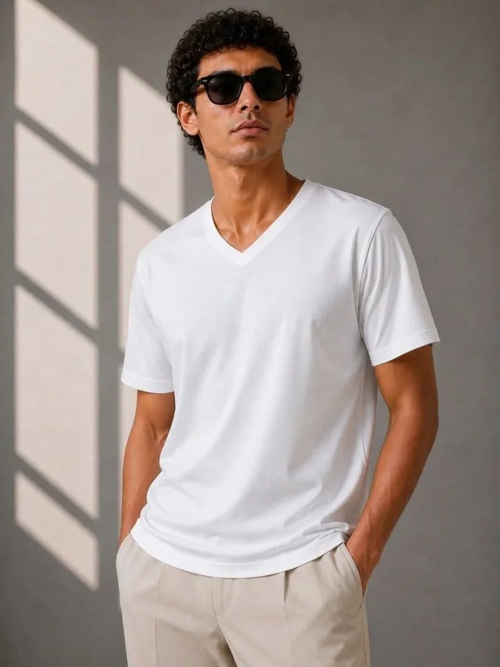 Erkek V Yaka Basic Tişört Kısa Kol Yazlık Regular Fit T-Shirt - Beyaz