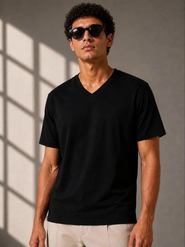 Erkek V Yaka Basic Tişört Kısa Kol Yazlık Regular Fit T-Shirt - Siyah