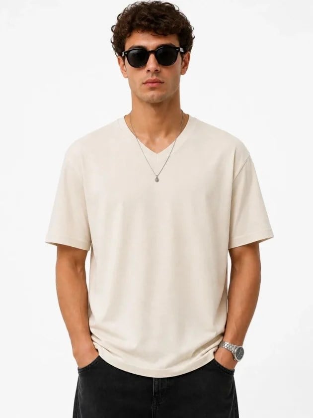 Erkek V Yaka Basic Tişört Kısa Kol Yazlık Regular Fit T-Shirt - Bej
