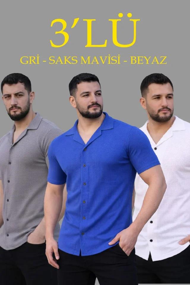 Erkek Waffle Dokuma Açık Yakalı Düğmeli Regular Kalıp 3’lü Gömlek Seti - Gri, Saks Mavisi, Beyaz