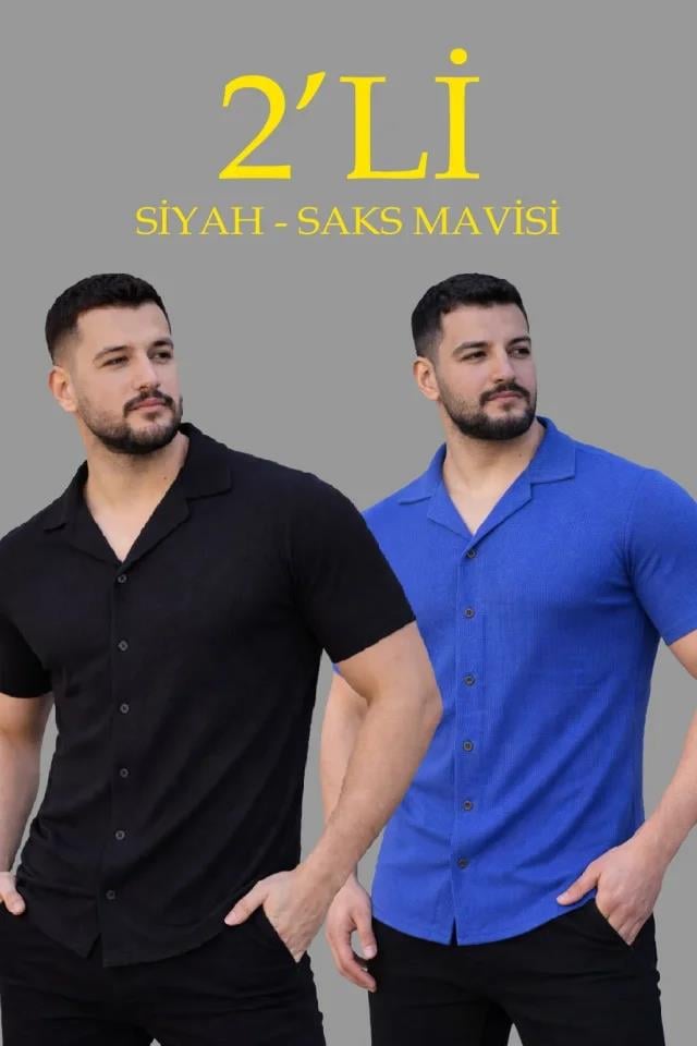 Erkek Waffle Dokuma Açık Yakalı Düğmeli Regular Kalıp 2’li Gömlek Seti - Siyah - Saks Mavisi