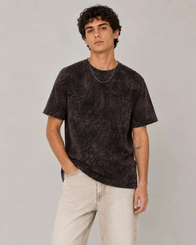 Erkek Yıkamalı Washed Effect Tişört Bisiklet Yaka Sokak Stil Kısa Kol T-Shirt - Füme