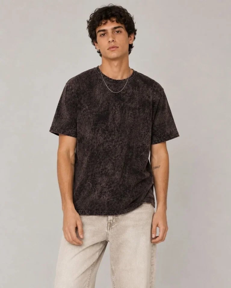 Erkek Yıkamalı Washed Effect Tişört Bisiklet Yaka Sokak Stil Kısa Kol T-Shirt - Füme