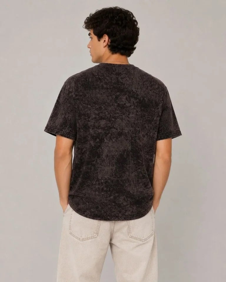 Erkek Yıkamalı Washed Effect Tişört Bisiklet Yaka Sokak Stil Kısa Kol T-Shirt - Füme