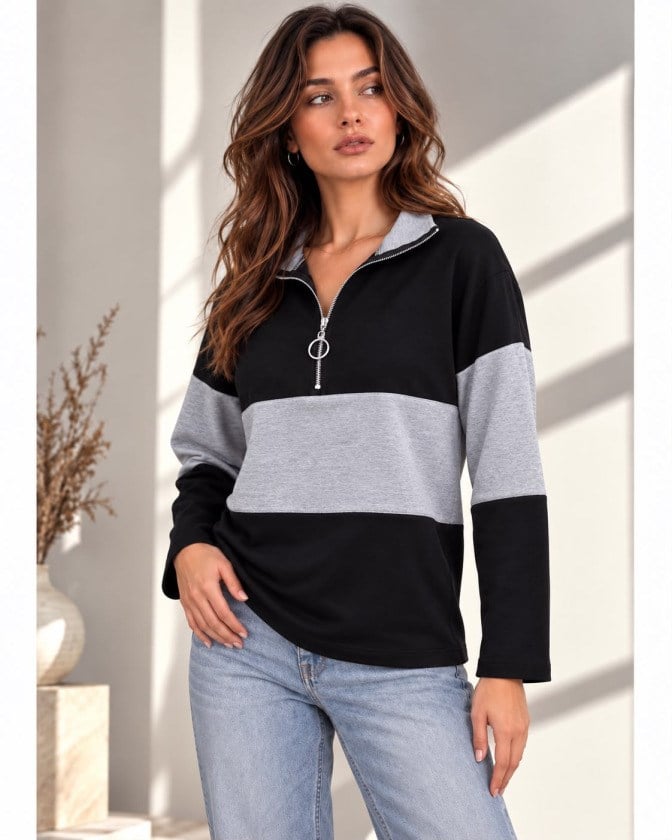 Kadın Fermuarlı Yaka Renk Bloklu Sweatshirt / Üst