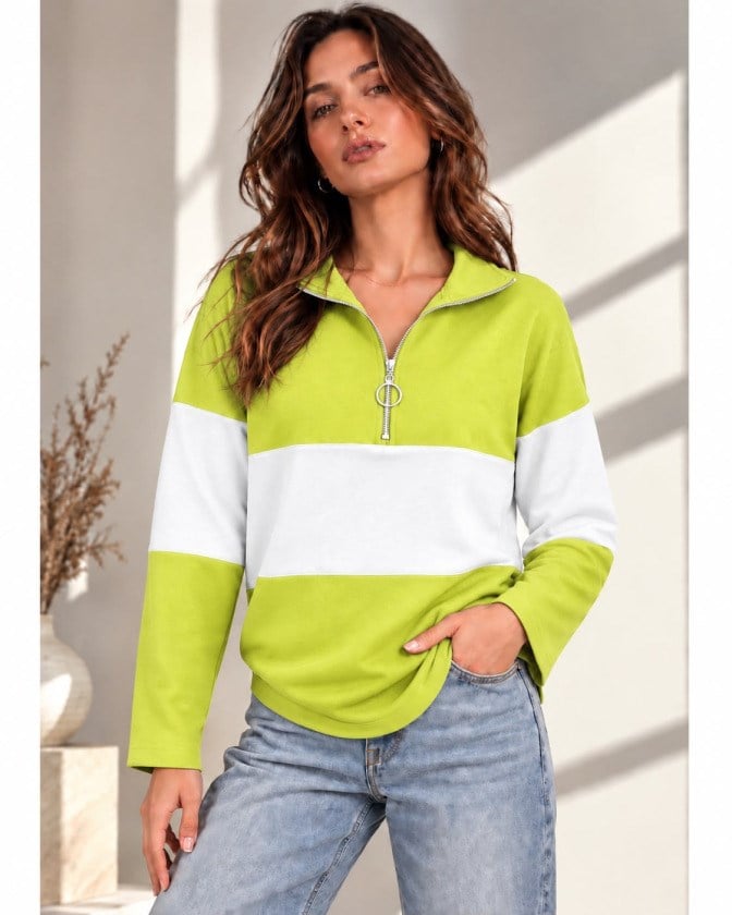 Kadın Fermuarlı Yaka Renk Bloklu Sweatshirt / Üst