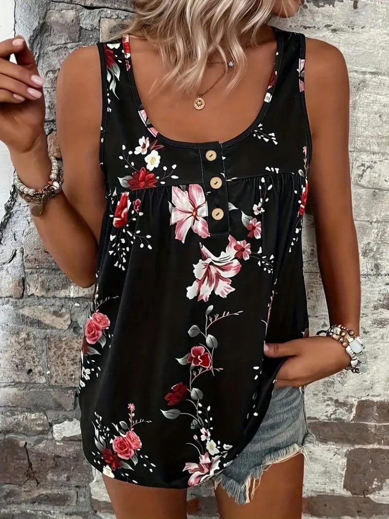 Kadın Kalın Askılı önü Düğme Detay çiçek Desen Bluz