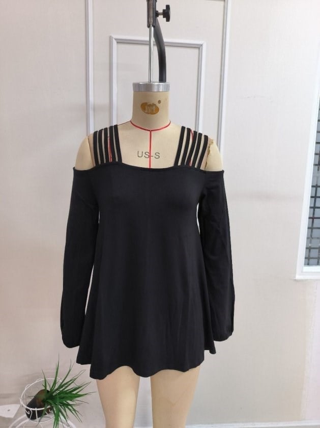 Kadın Omuzlardan Açık şerit Detaylı Uzun Kollu Viskon Bluz