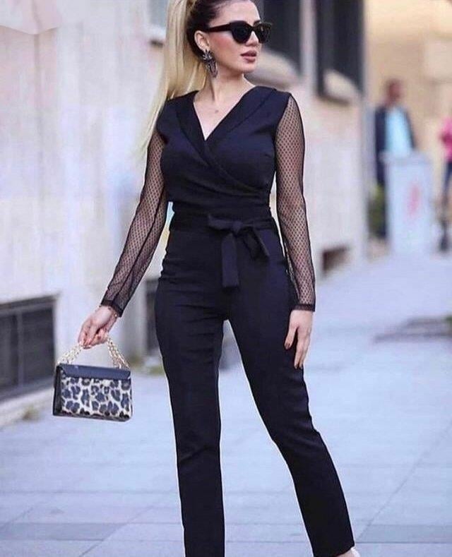 Kadın Uzun Kollu Kruvaze Yakalı Kolları Tül Detay Beli Kuşaklı Ithal Krep Tulum