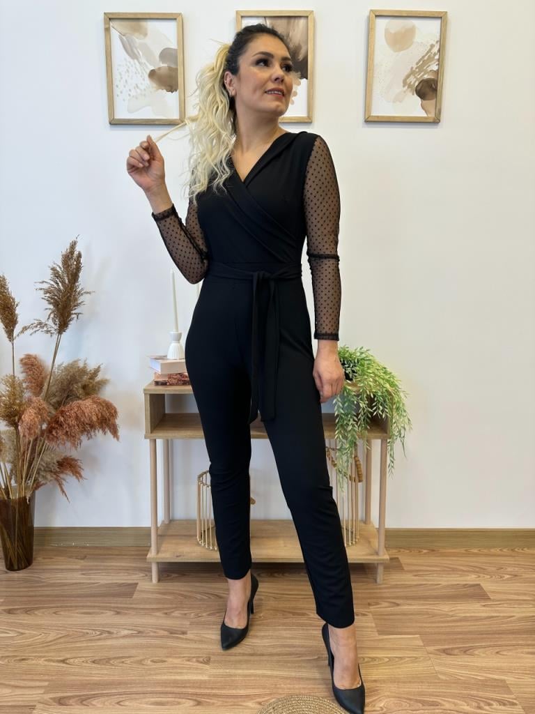 Kadın Uzun Kollu Kruvaze Yakalı Kolları Tül Detay Beli Kuşaklı Ithal Krep Tulum