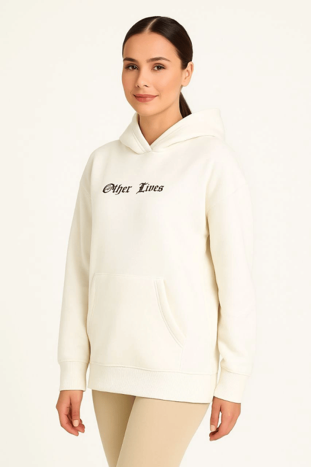 Kapşonlu Sweatshirt – Oversize Üç İplik Şardonlu Hoodie, “Other Lives” Ön - Arka Baskılı, Kanguru Cepli, Kışlık Rahat Günlük Stil - Beyaz